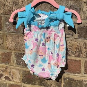 Mermaid Print Baby Romper with Blue Tie Straps